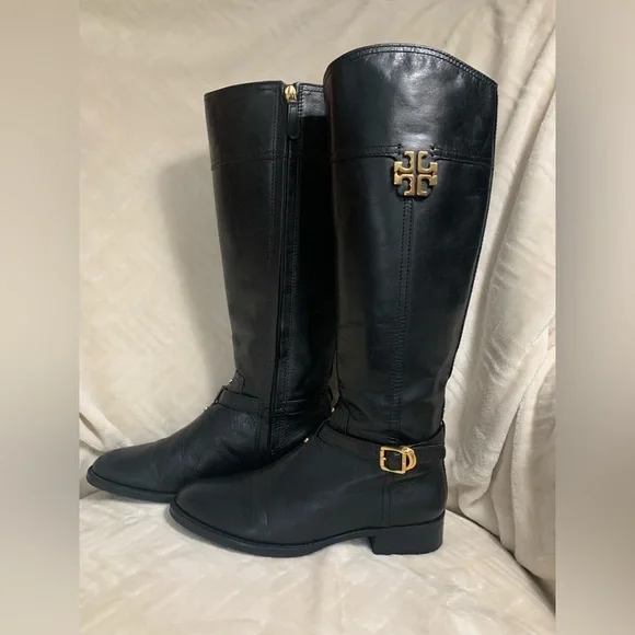 Tory Burch Black Heeled Boots with Gold Accents - Picture 3 of 5
